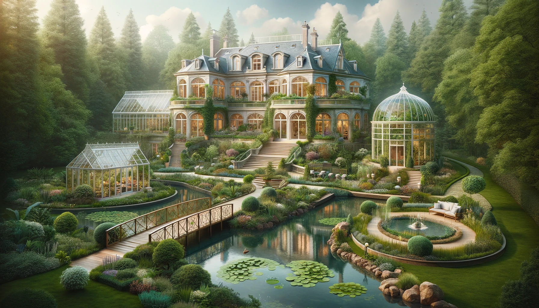 DALL·E 2024-03-09 13.16.11 - An expansive, luxurious mansion sits prominently within a lush, meticulously landscaped garden. This grand estate boasts an attached, yet distinct, gr.webp